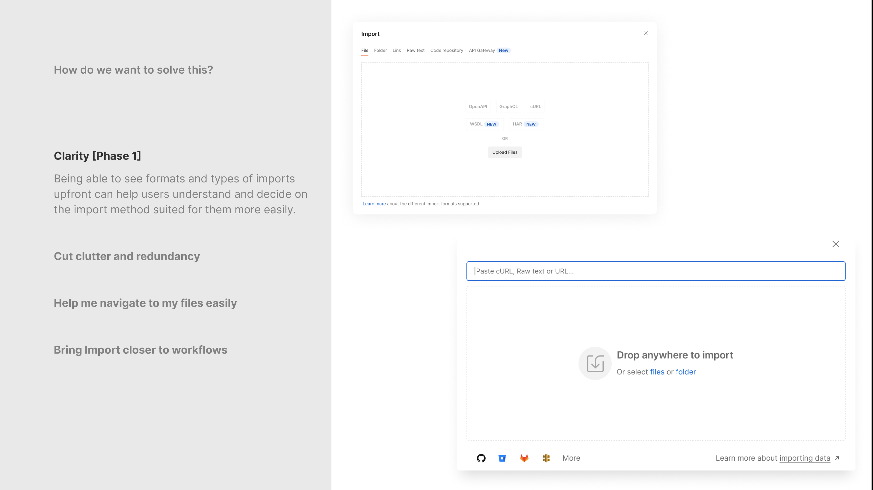 Design direction showing how the redesigned Postman import modal makes supported formats and import methods visible upfront while reducing clutter.
