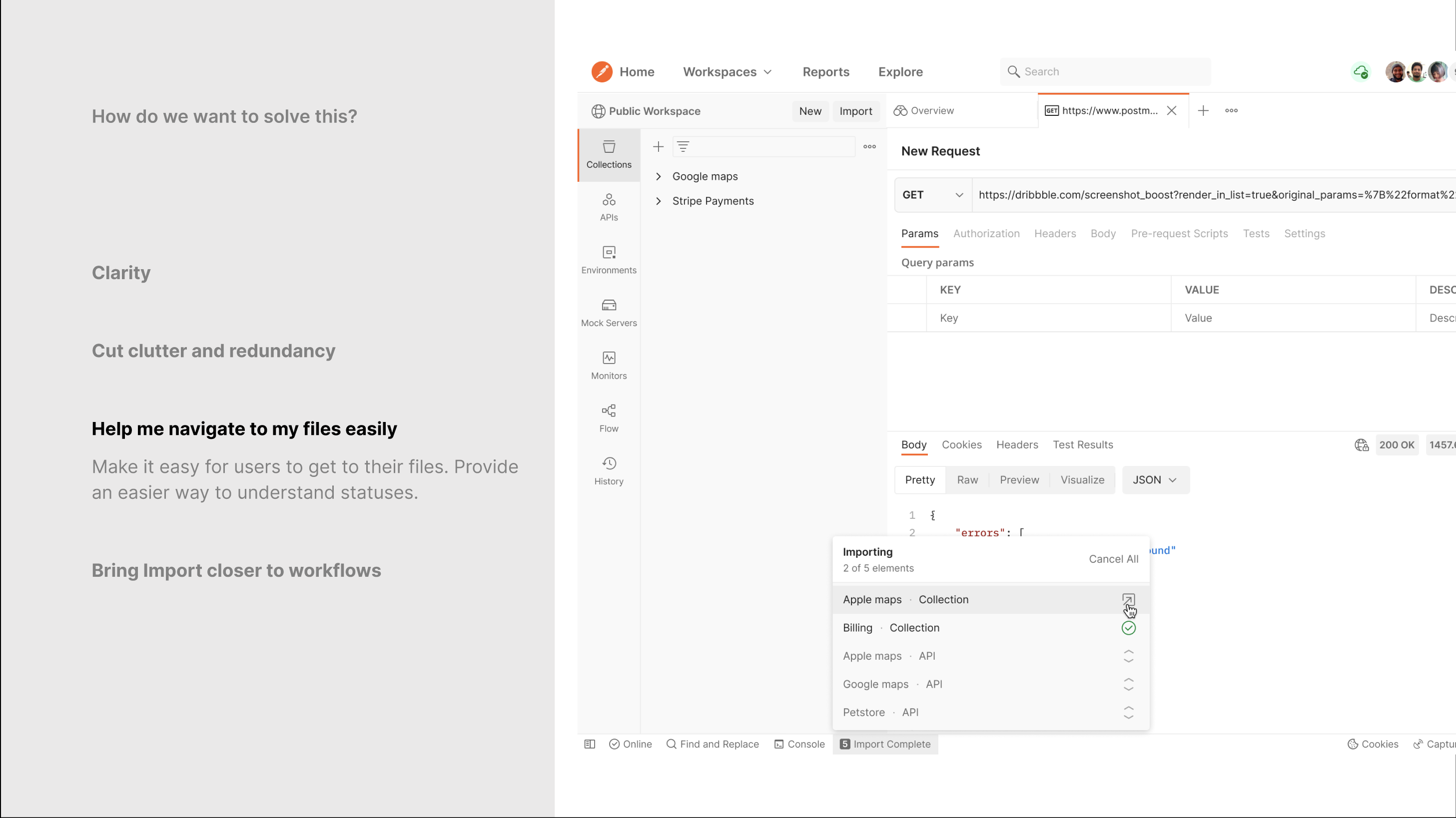 Postman request builder with a background import activity panel showing item-level progress and a shortcut to open an imported item.