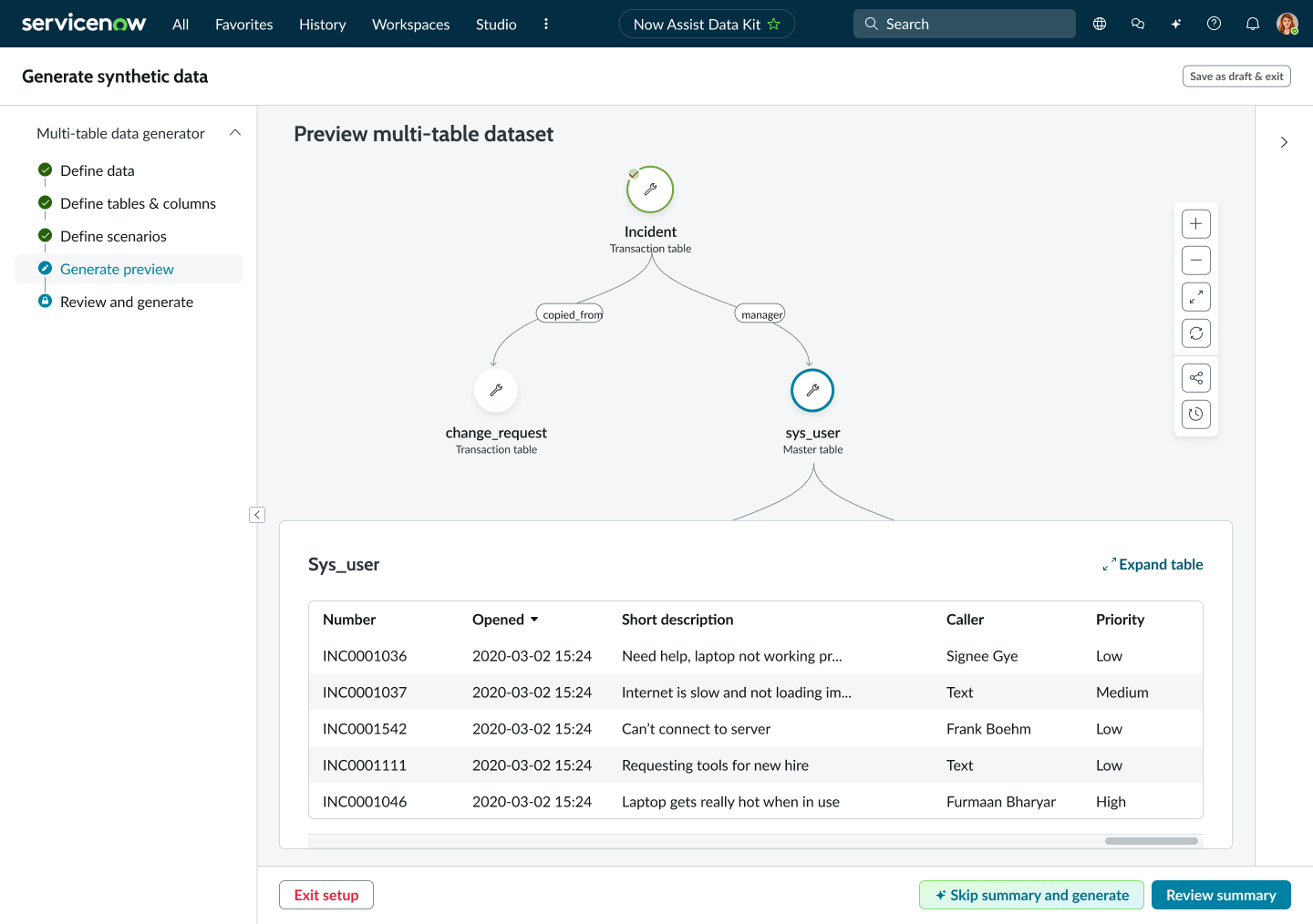 Preview of a generated multi-table dataset showing its records and relationships